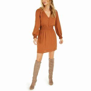 New Bar III Women's XXS Mini Dress Rust Orange Brown A-Line V-Neck Smock Trim